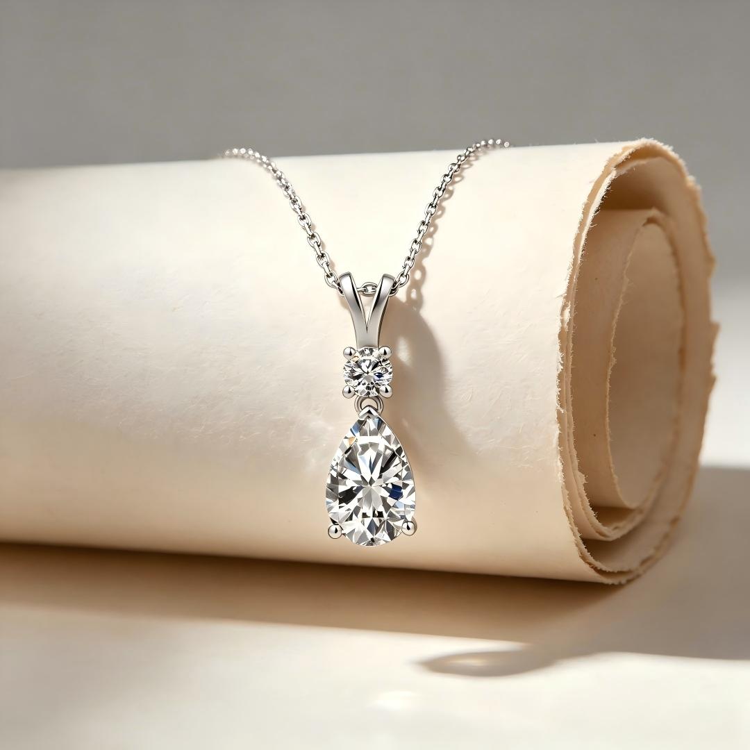 925 Sterling Silver Lab Grown Diamond Round & Pear Drop Necklace