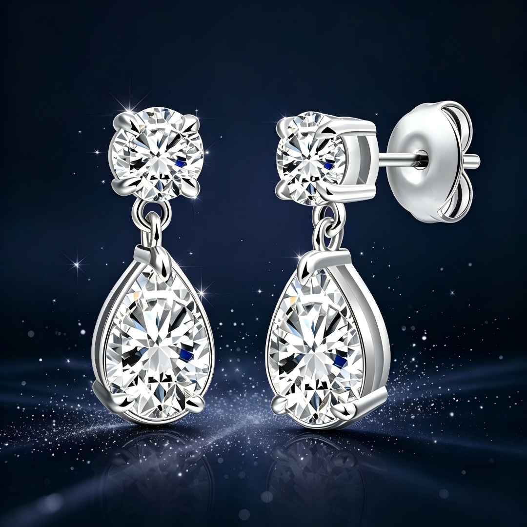 925 Sterling Silver Lab Grown Diamond Round & Pear Drop Earrings