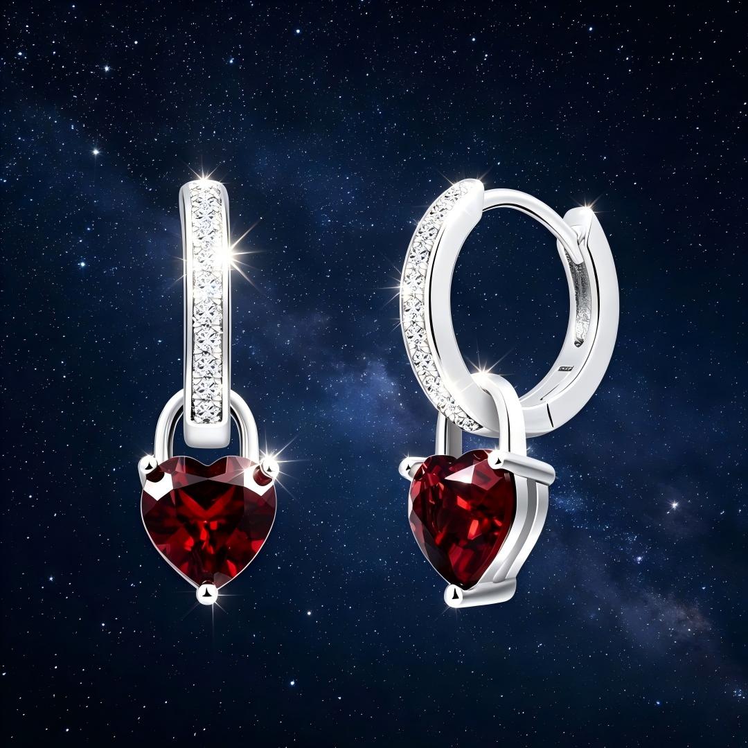 925 Sterling Silver Round Lab Grown Diamond and Heart Cut Natural Garnet Drop Hoop Earrings