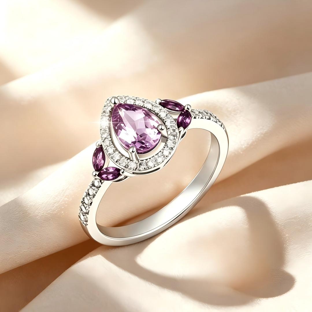 925 Sterling Silver Shoulder Ring Set with Lab-Grown Diamonds & Light Amethysts