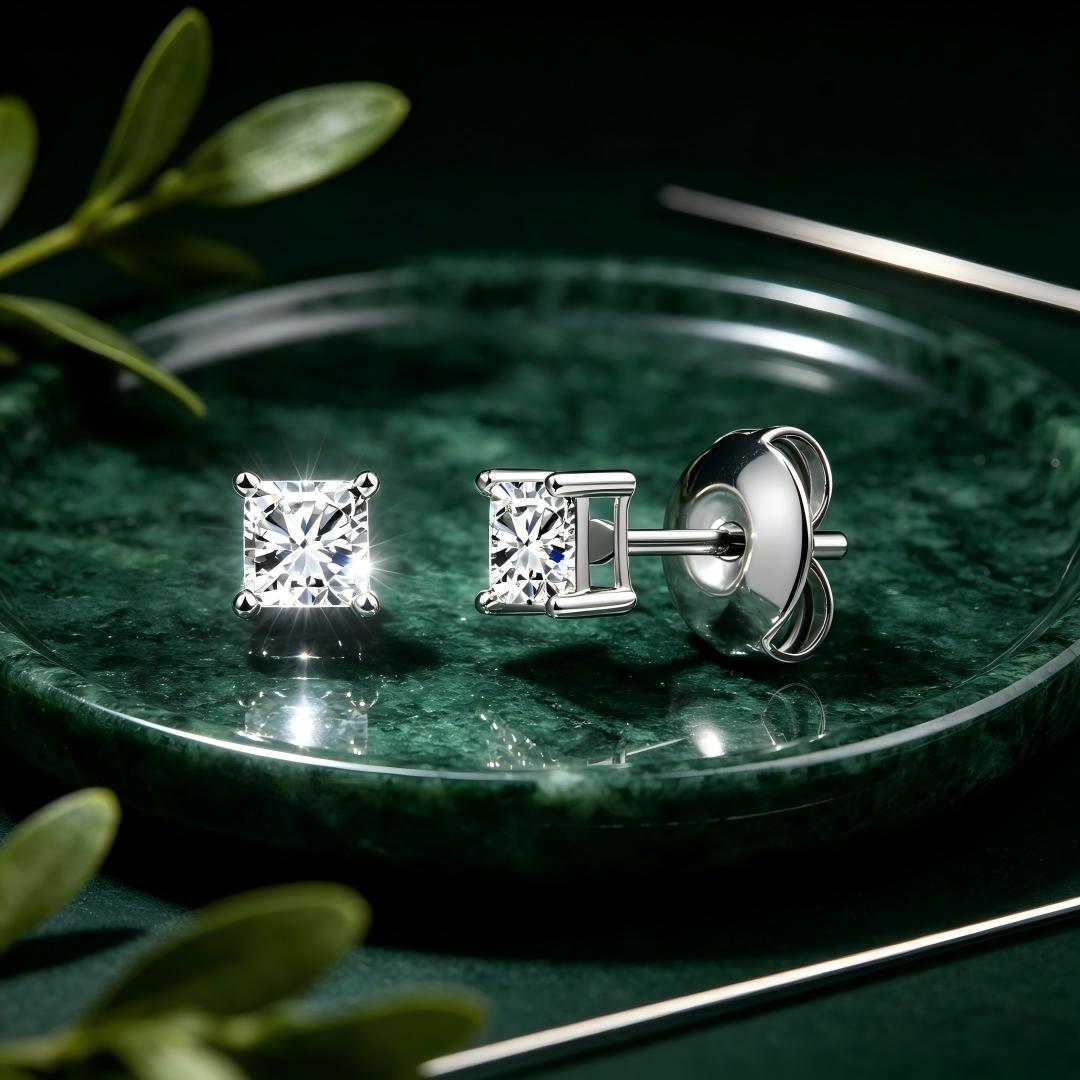925 Sterling Silver Lab Grown Diamond Princess Solitaire Earring Studs - 0.18ctw