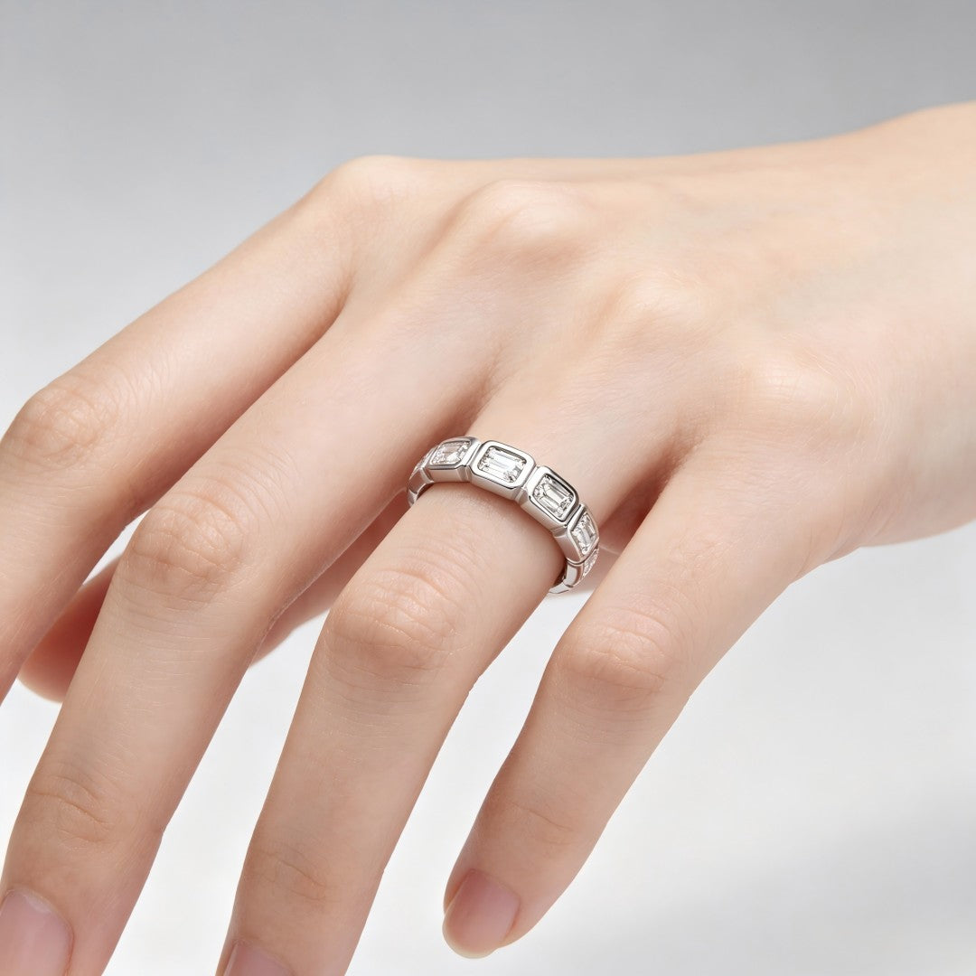925 Sterling Silver Lab Grown Diamond Baggett Shape East-West Bezel Eternity Band Rings-1.42ctw