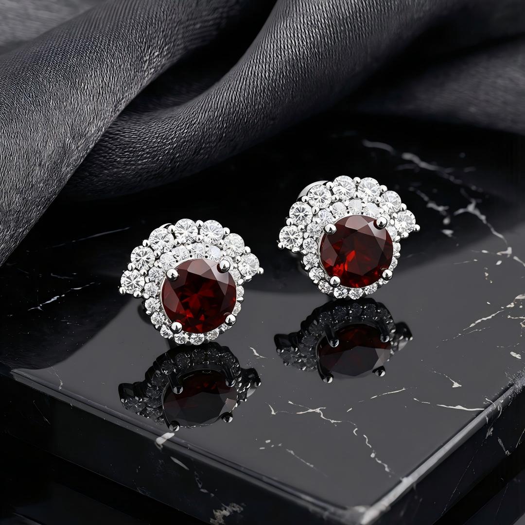 925 Sterling Silver Earrings with Round Lab Grown Diamond and Natural Garnet