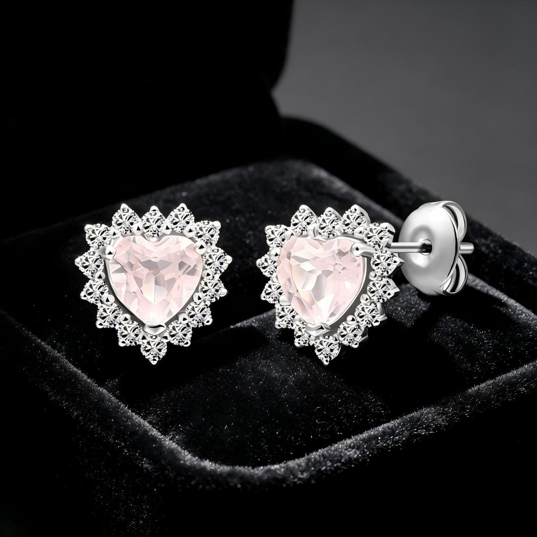 925 Sterling Silver Earrings with Round Lab Grown Diamond and Heart Cut Natural Rose Quatz