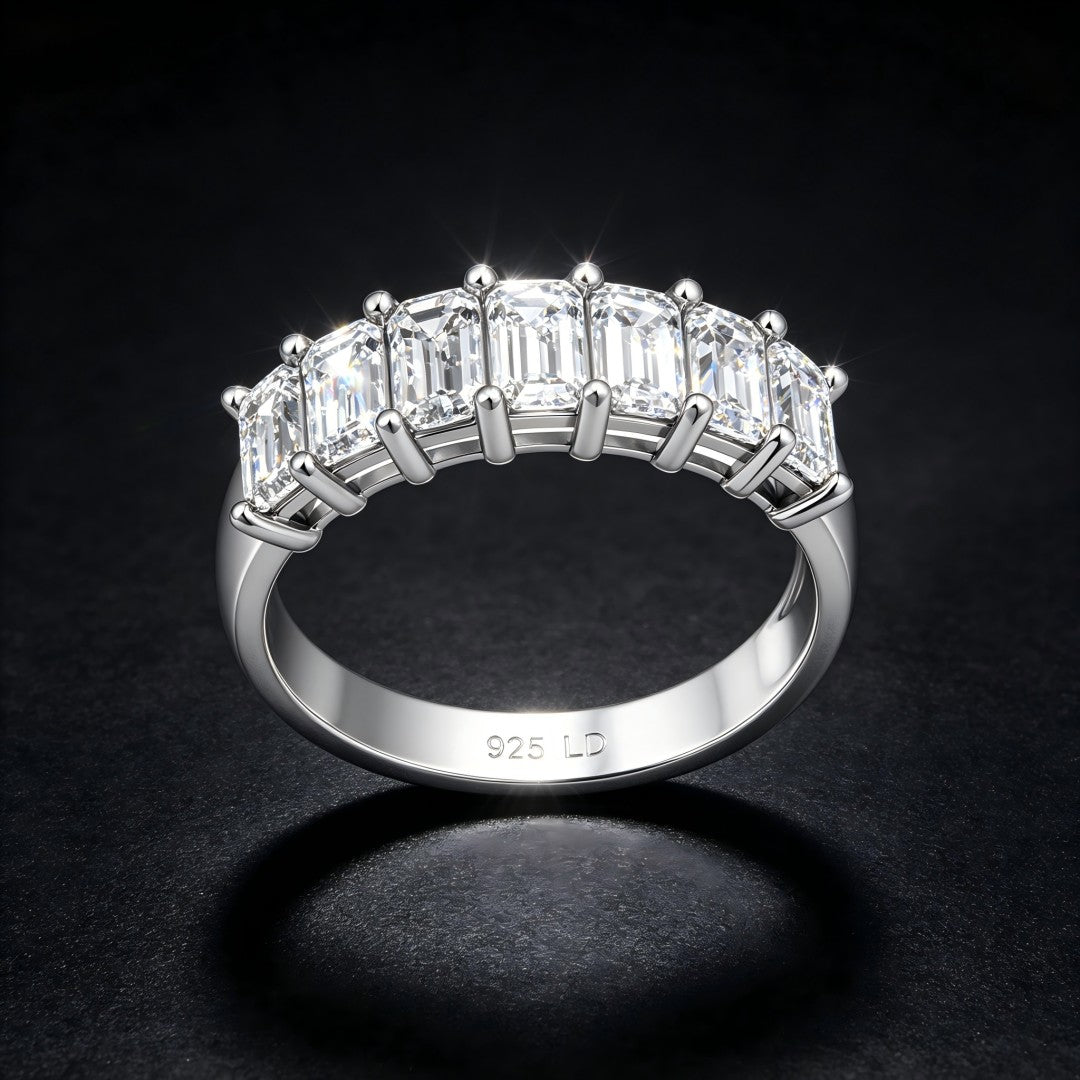 925 Sterling Silver Lab Grown Diamond Emerald Seven Stone Band-2.23ctw