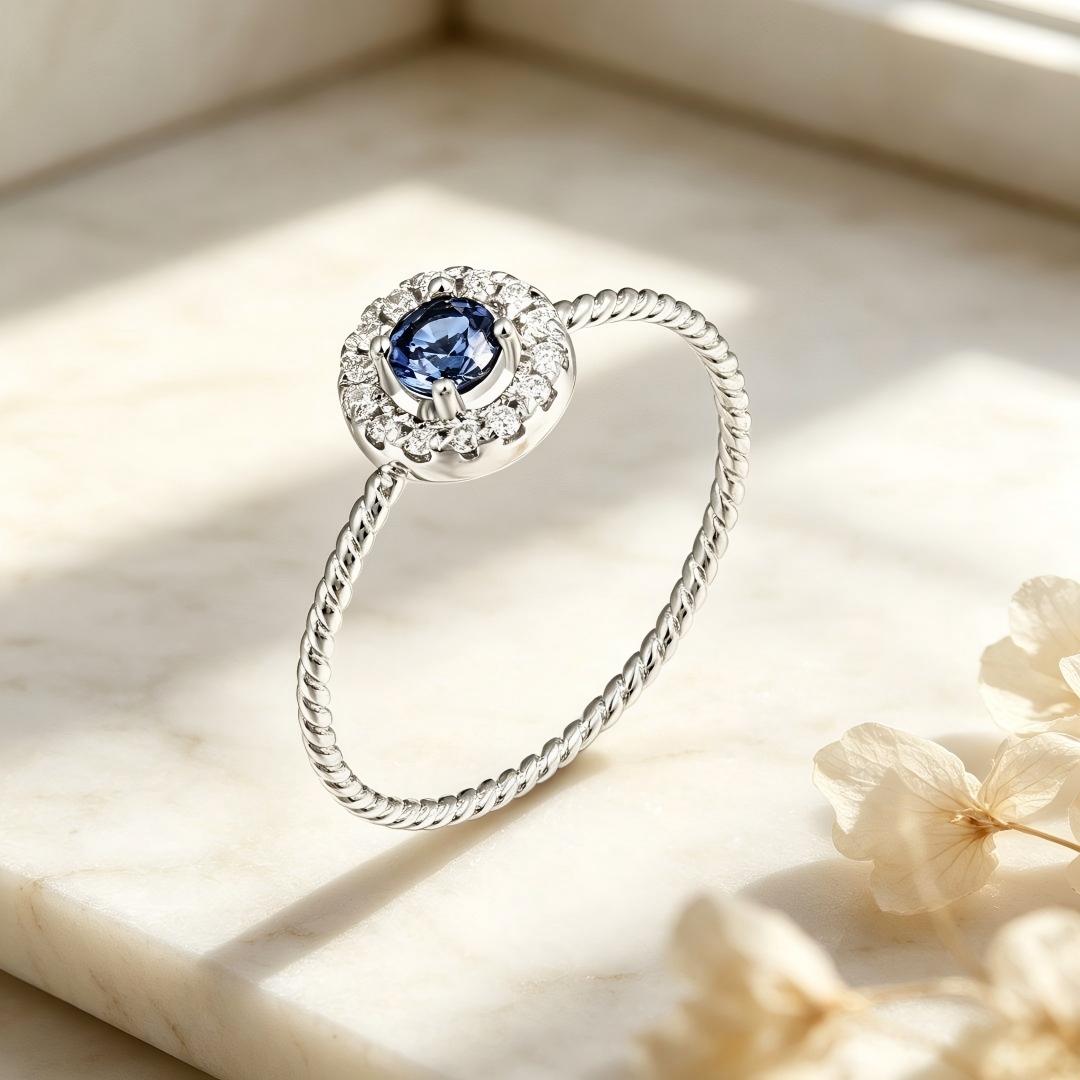925 Sterling Silver Round Lab Grown Diamond and Lab Grown Sapphire Halo Ring