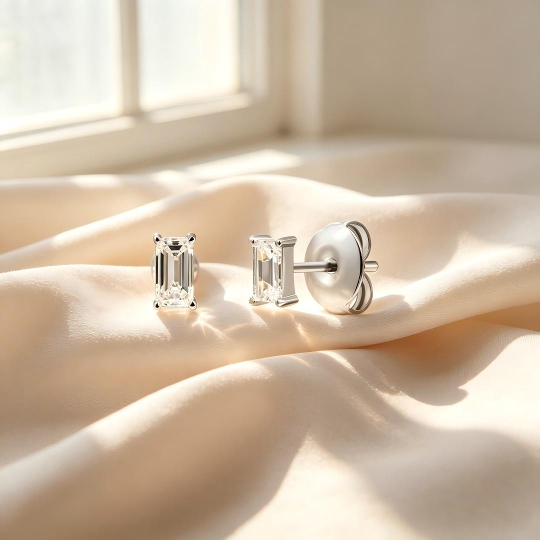 925 Sterling Silver Lab Grown Diamond Baggett Shape Earring Studs - 0.094ctw