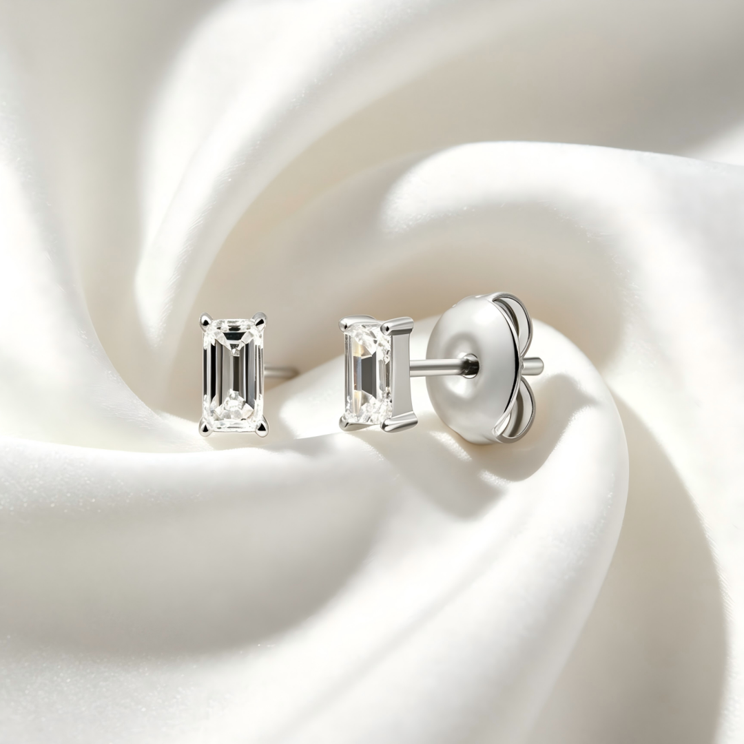 925 Sterling Silver Lab Grown Diamond Baggett Shape Earring Studs - 0.094ctw