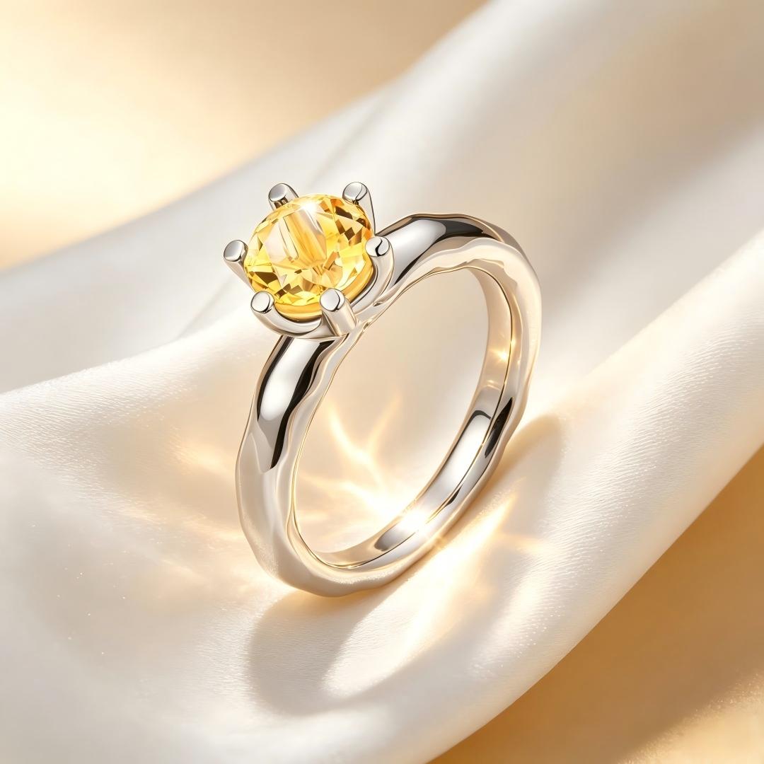 925 Sterling Silver Round Natural Citrine Solitaire Ring