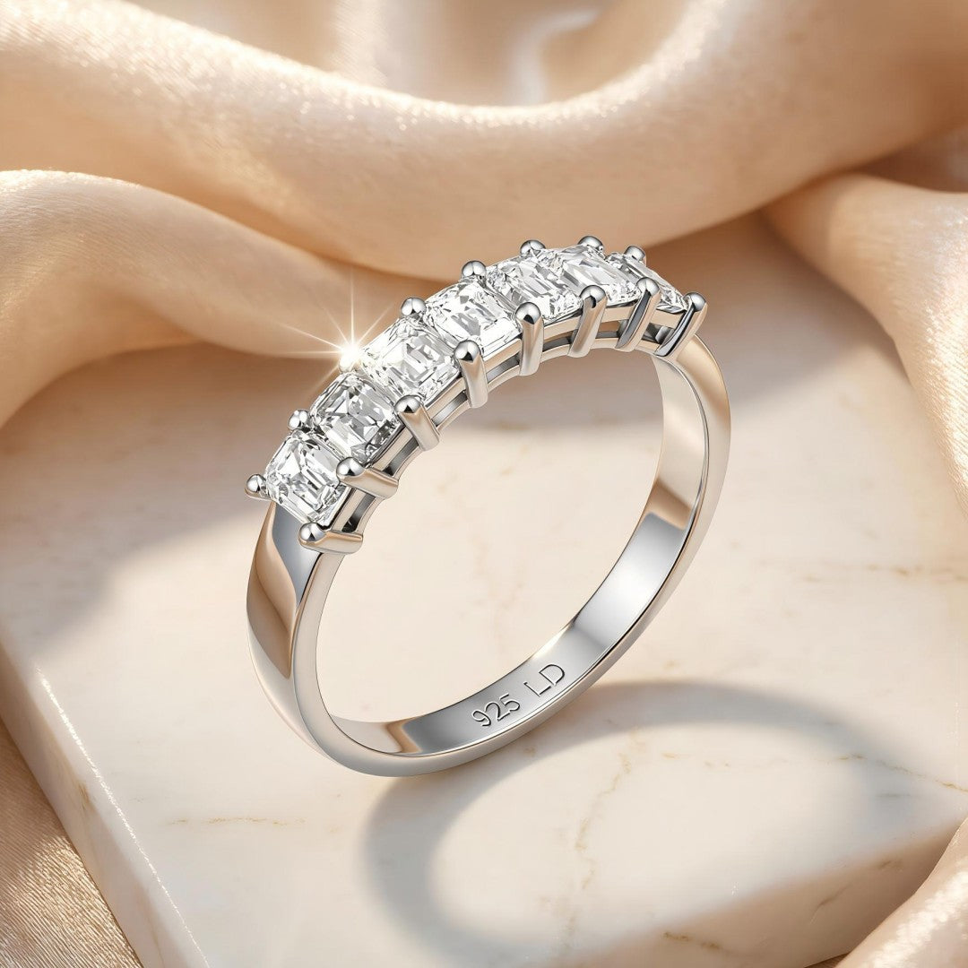 925 Sterling Silver Lab Grown Diamond Emerald Seven Stone Band-1.02ctw