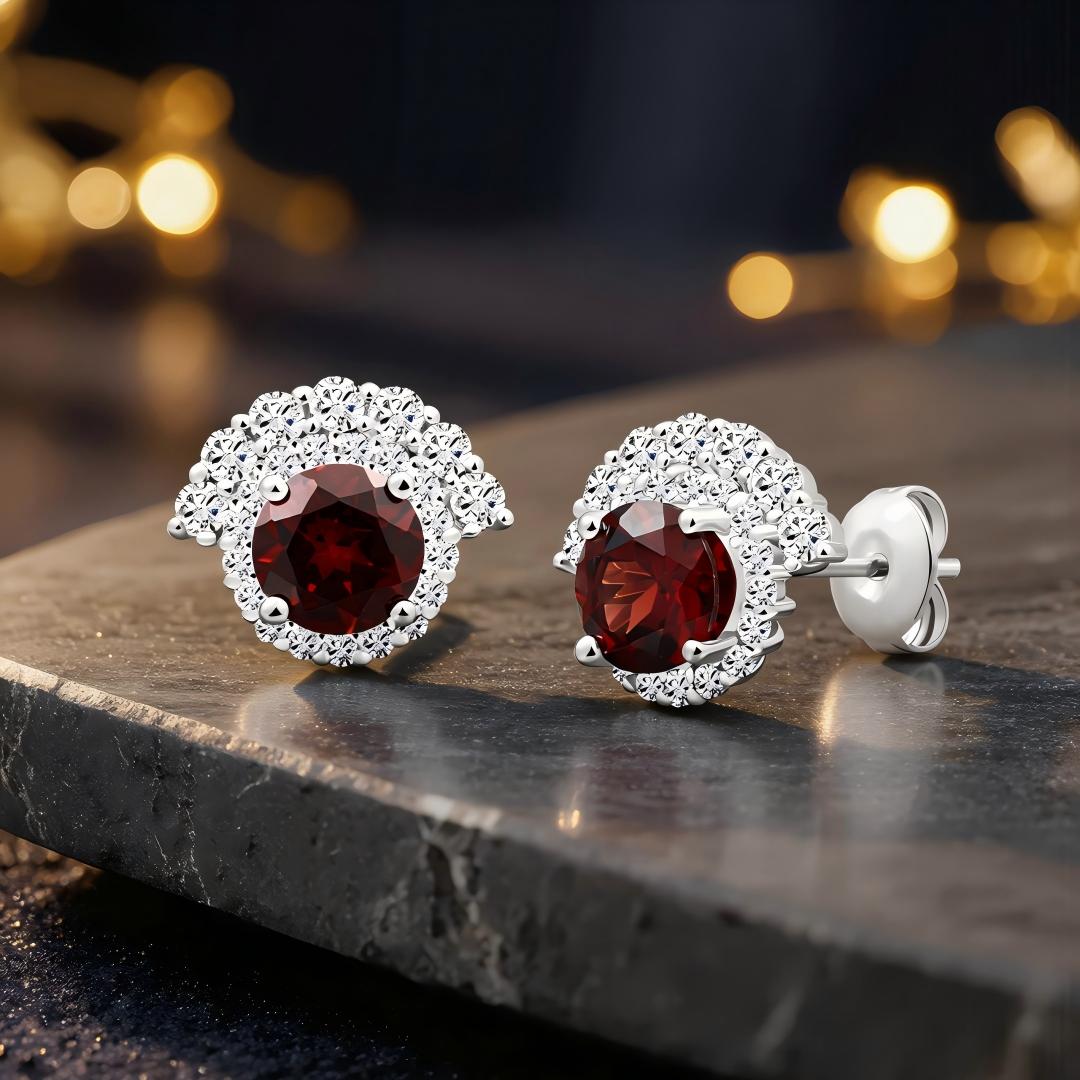 925 Sterling Silver Earrings with Round Lab Grown Diamond and Natural Garnet