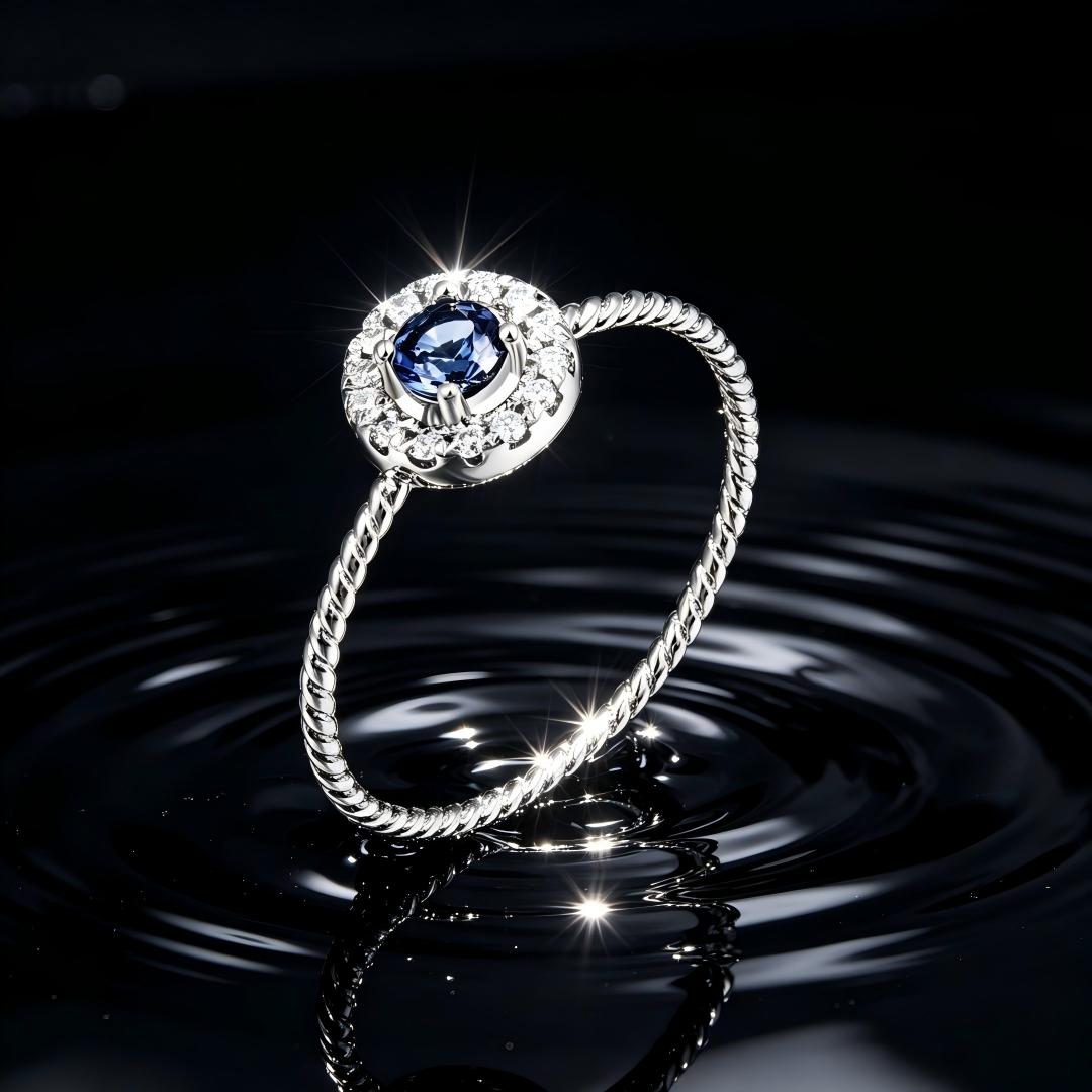 925 Sterling Silver Round Lab Grown Diamond and Lab Grown Sapphire Halo Ring