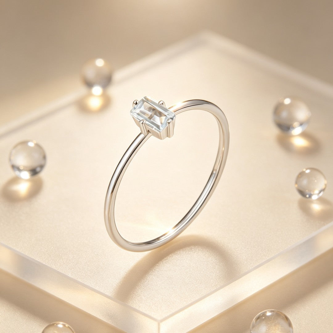 925 Sterling Silver Emerald Cut Natural Bule Topaz Solitaire Ring