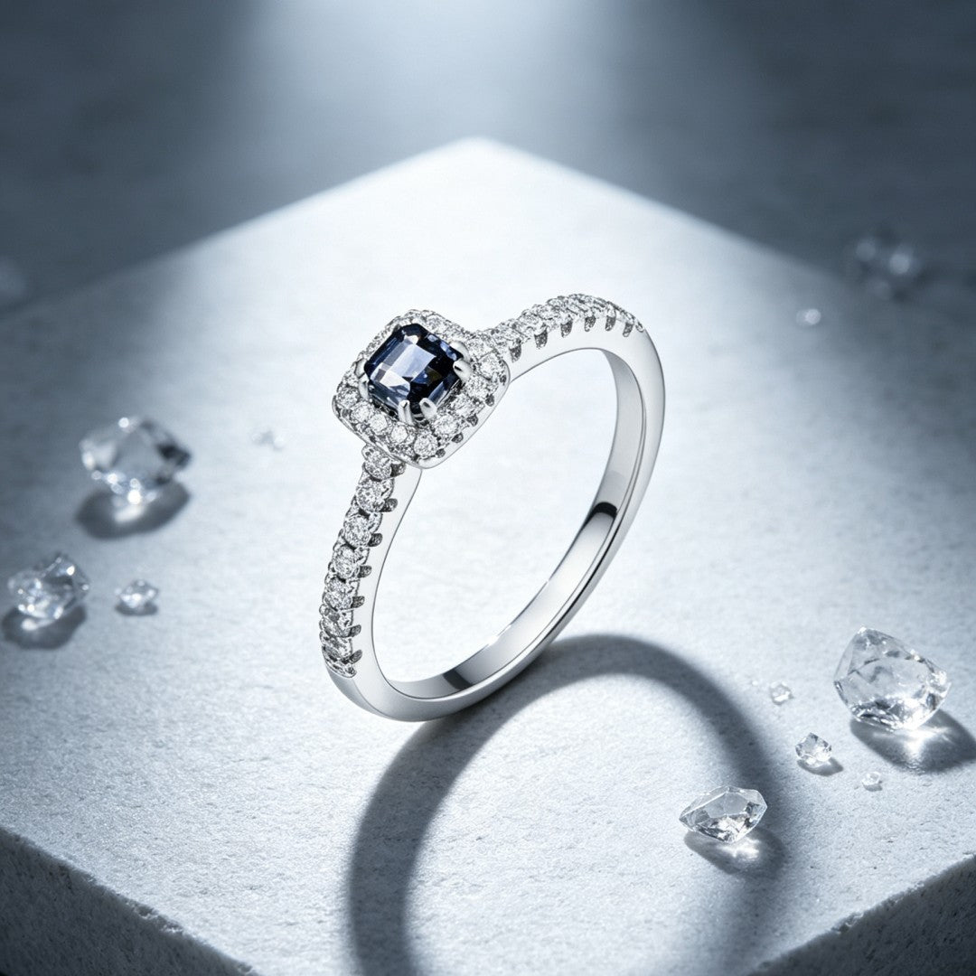 925 Sterling Silver Shoulder Ring Set with Lab-Grown Diamonds & Grey Spinel