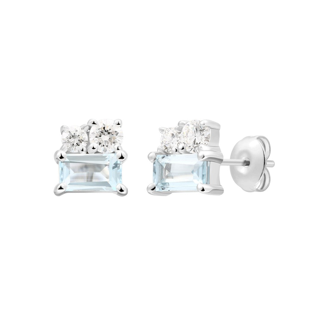 925 Sterling Silver with Round Lab Grown Diamond and Emerald Cut Natural Bule Topaz Earrings