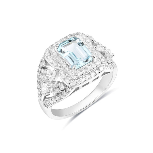 925 Sterling Silver Ring Set with Lab-Grown Diamonds & Emerald Cut Bule Topaz