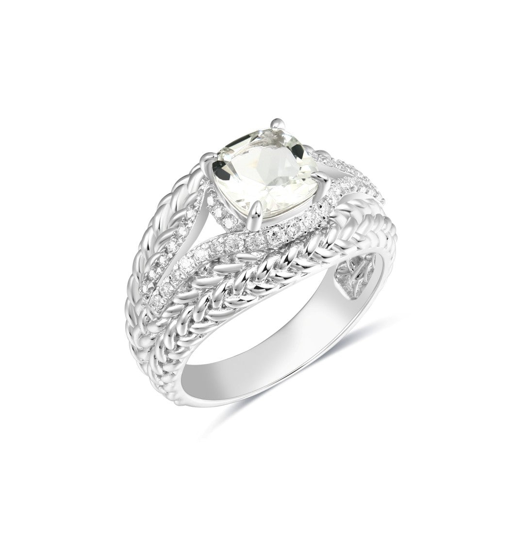 925 Sterling Silver Fashion Ring Set with Lab-Grown Diamonds & Cushion Cut Green Amethysts