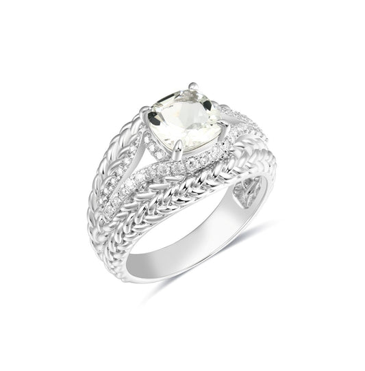 925 Sterling Silver Fashion Ring Set with Lab-Grown Diamonds & Cushion Cut Green Amethysts