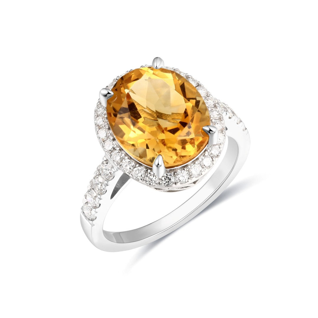 925 Sterling Silver Round Lab Grown Diamond and Oval Cut Citrine Fashion Ring