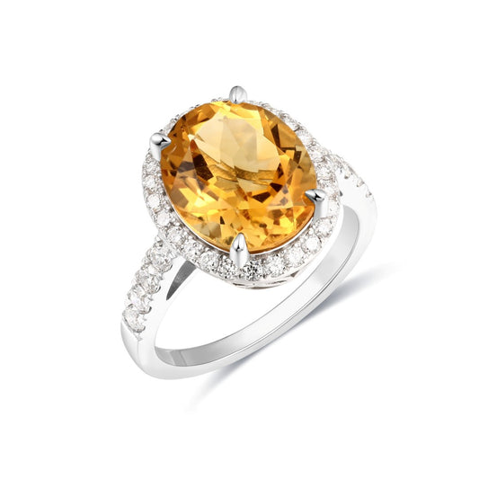 925 Sterling Silver Round Lab Grown Diamond and Oval Cut Citrine Fashion Ring