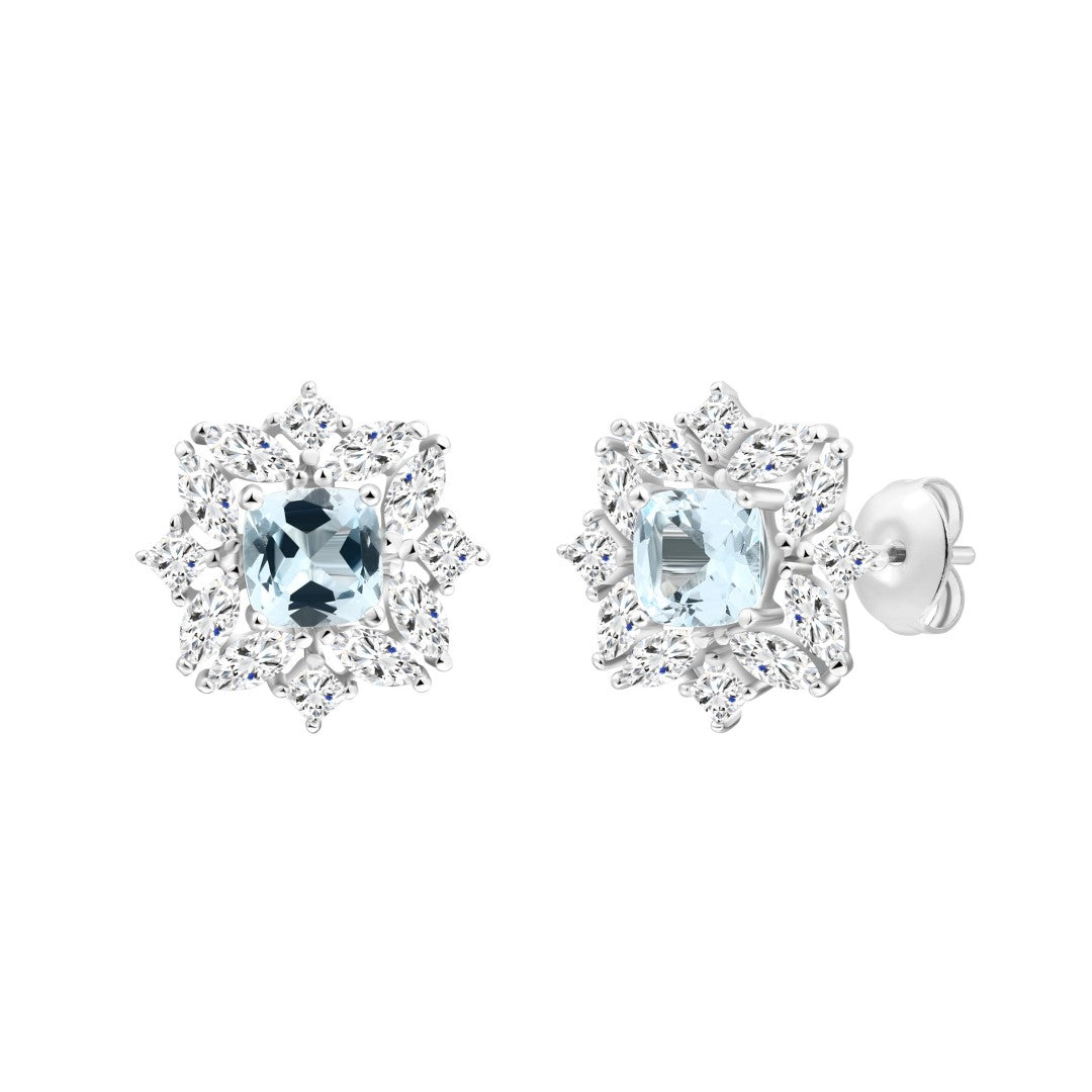 925 Sterling Silver with Round & Marquise Moissanite and Square Cut Natural Bule Topaz Earrings