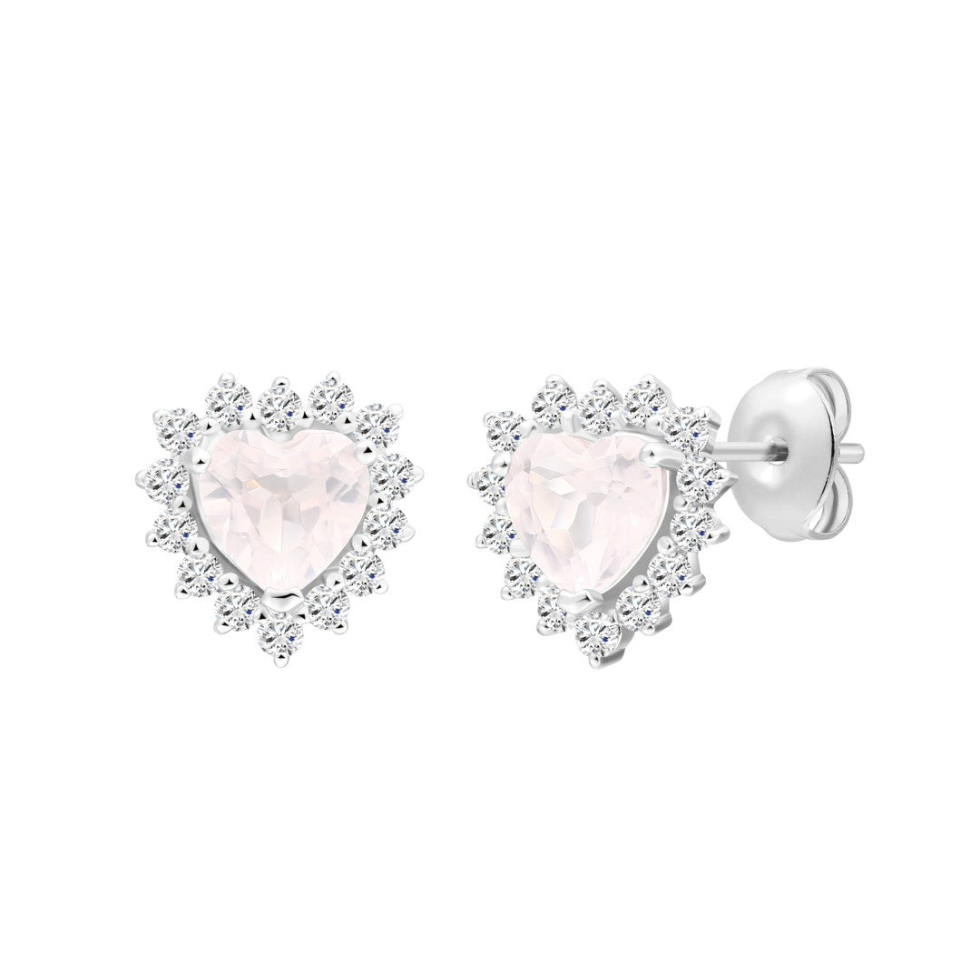 925 Sterling Silver Earrings with Round Lab Grown Diamond and Heart Cut Natural Rose Quatz