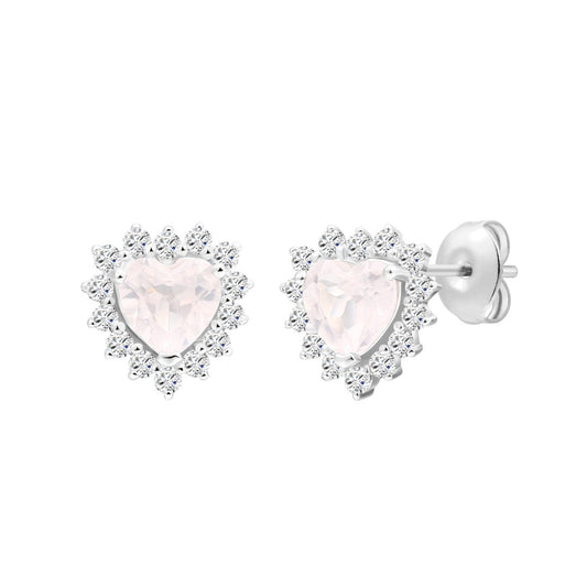 925 Sterling Silver Earrings with Round Lab Grown Diamond and Heart Cut Natural Rose Quatz