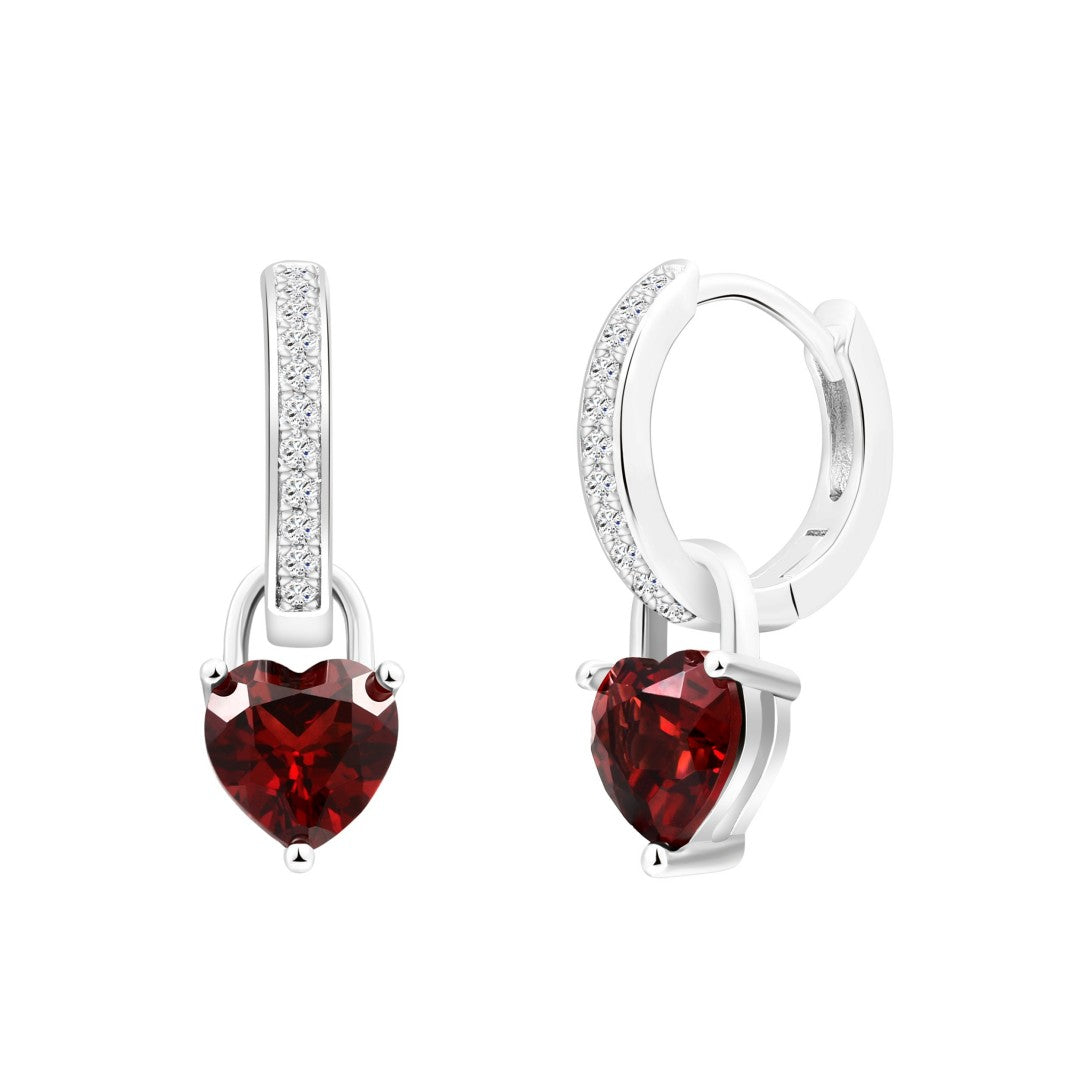 925 Sterling Silver Round Lab Grown Diamond and Heart Cut Natural Garnet Drop Hoop Earrings