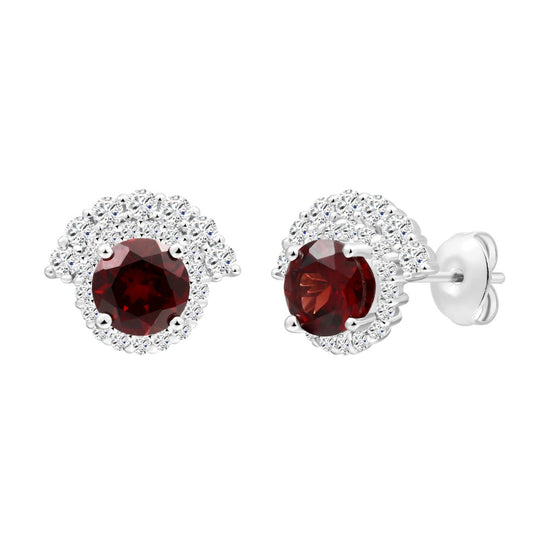 925 Sterling Silver Earrings with Round Lab Grown Diamond and Natural Garnet