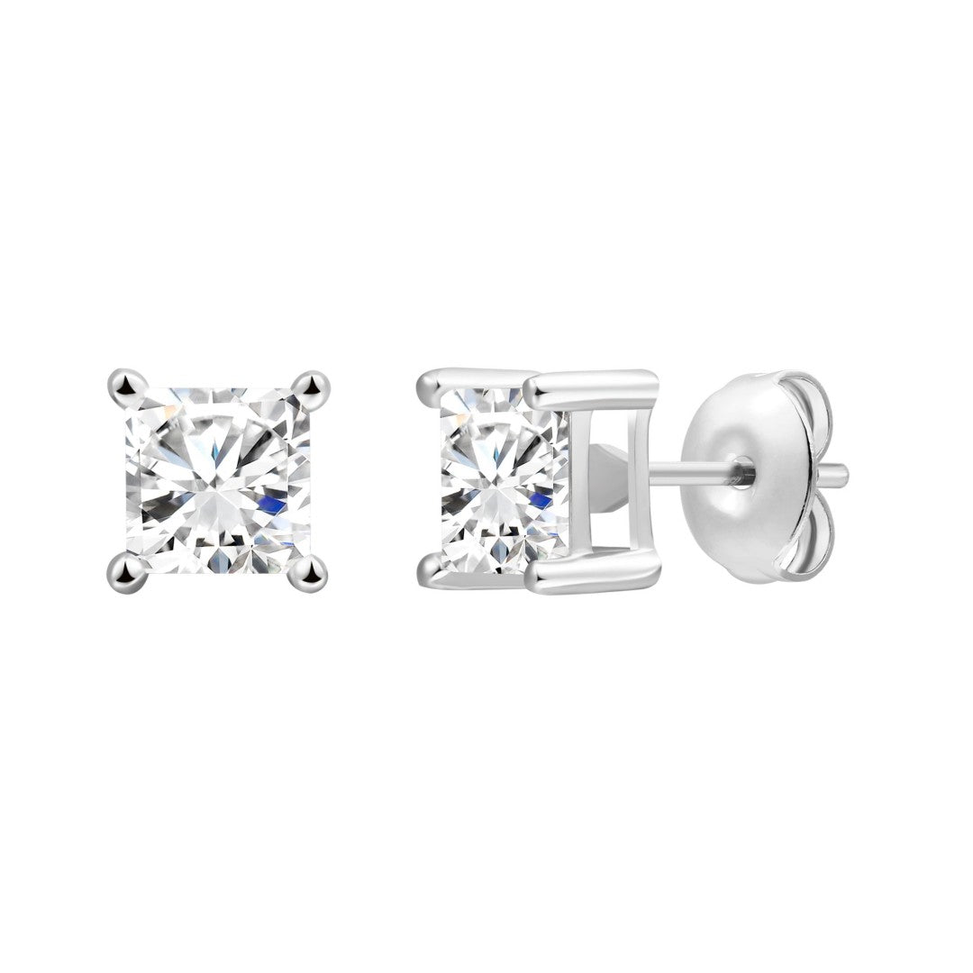 925 Sterling Silver Lab Grown Diamond Princess Solitaire Studs - 1ctw
