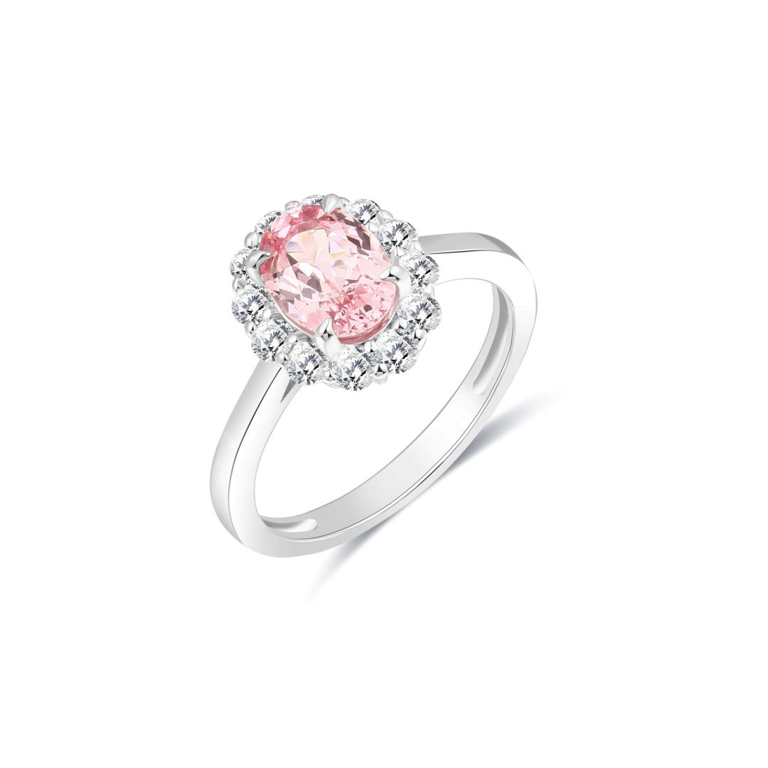925 Sterling Silver Round Lab Grown Diamond and Oval Cut Lab Grown Pink Sapphire Engagement Ring