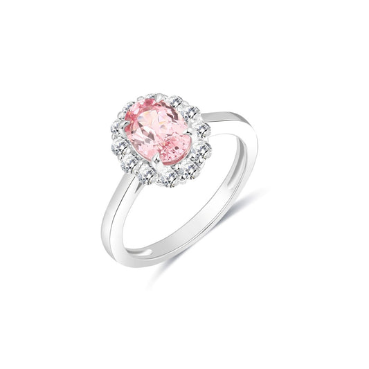 925 Sterling Silver Round Lab Grown Diamond and Oval Cut Lab Grown Pink Sapphire Engagement Ring
